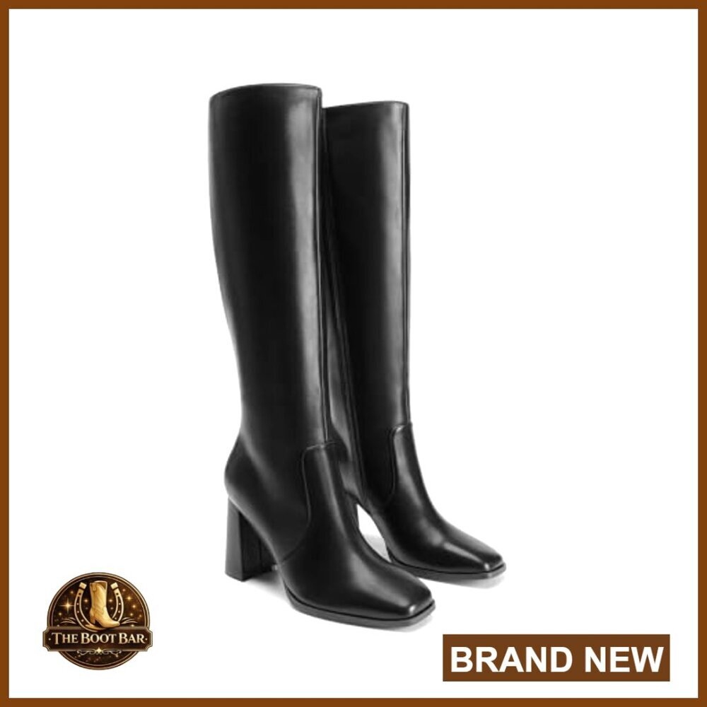 Square Toe Knee High Boots Chunky Heel Fashion Side Zipper Tall Boots Women - Picture 6 of 7